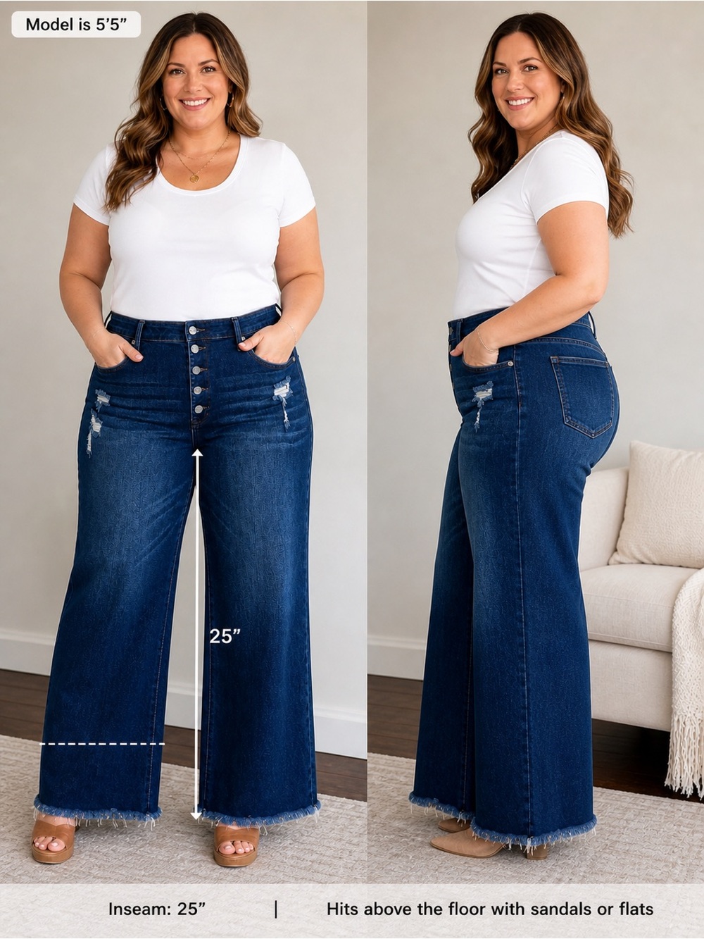 High-Rise Button-Front Wide Leg Jeans in Dark Blue